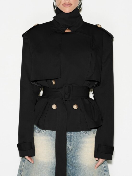 Jackets & Blazers - Black Sleek Women's Cropped Shoulder Pad Double-Breasted Trench Coat